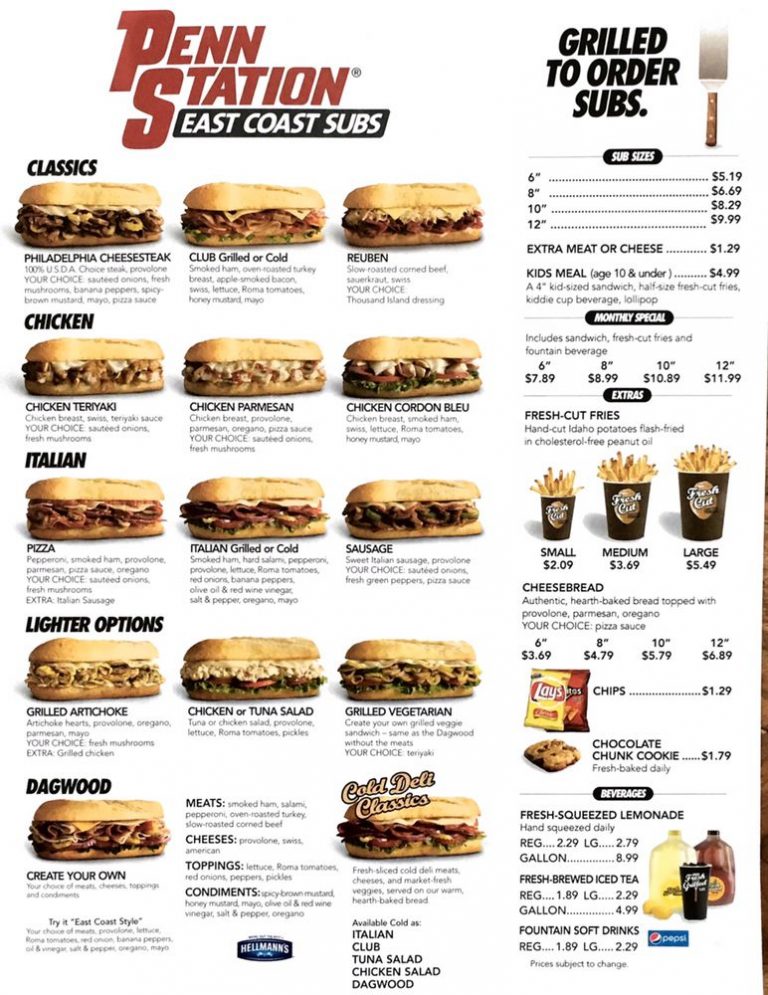 Penn Station Menu Along With Prices and Hours Menu and Prices